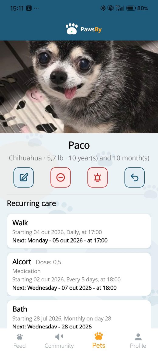 Pet profile with recurring care and reminders