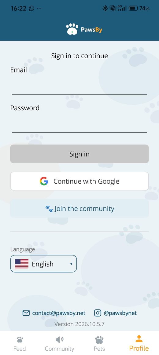 Pawsby profile screen with email sign-in and Google sign-in